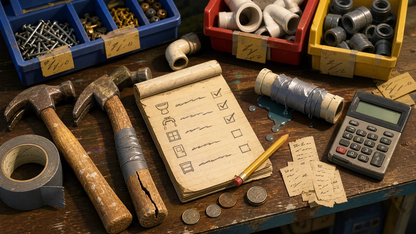Generated artwork showing cheap tools, duct tape, spare pipes, receipts, and a repair checklist.