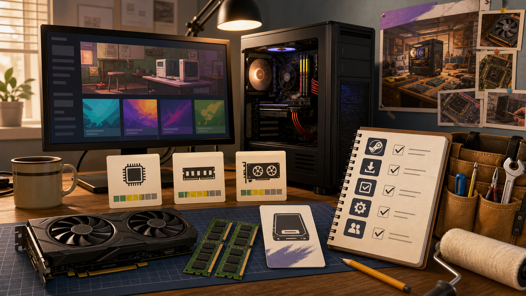 Generated artwork showing PC hardware, store checklist icons, and repair tools for Low-Budget Repairs.