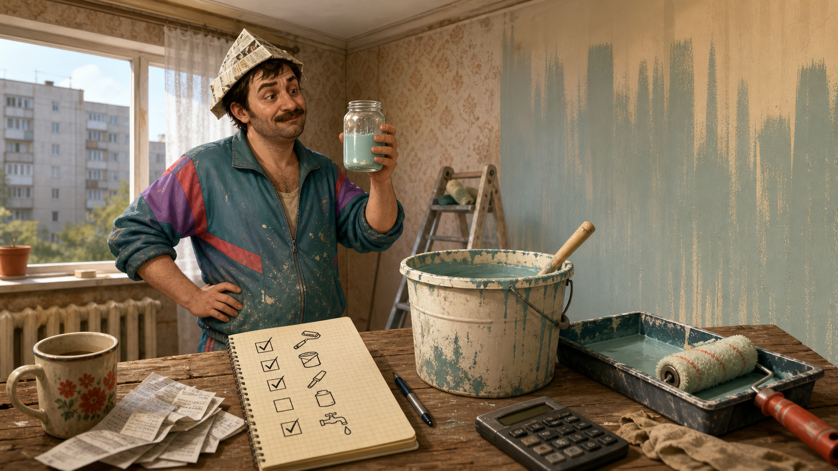 Generated artwork showing watered-down paint, receipts, and a budget checklist in a 1990s apartment.