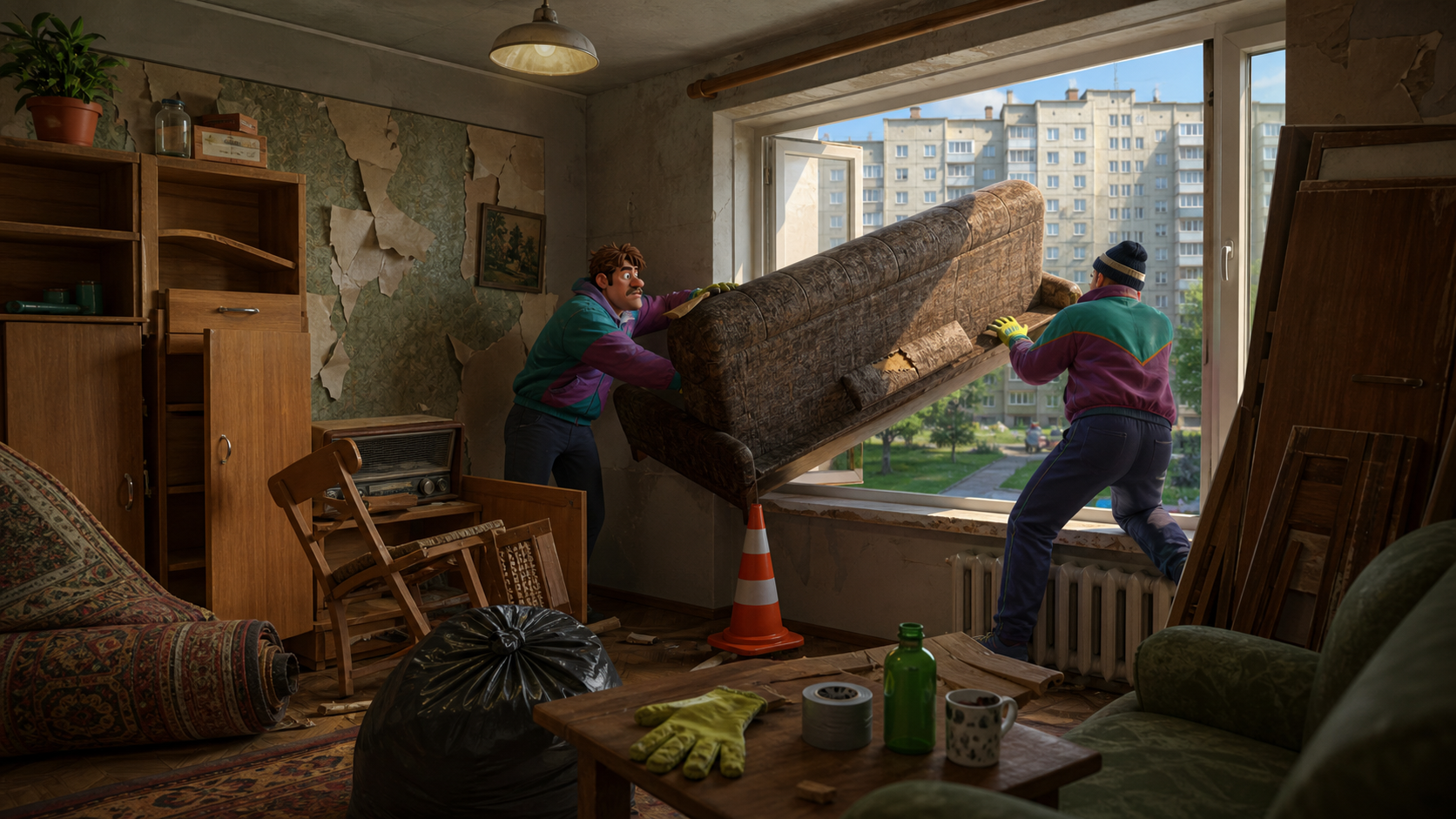 Generated artwork showing a cleanup route with workers moving an old sofa toward an apartment window.